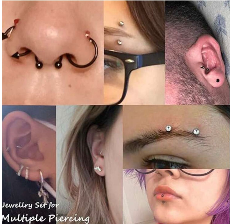 Black 5 Pieces, 16G Rook, Lip And Eyebrow Piercing Jewelry