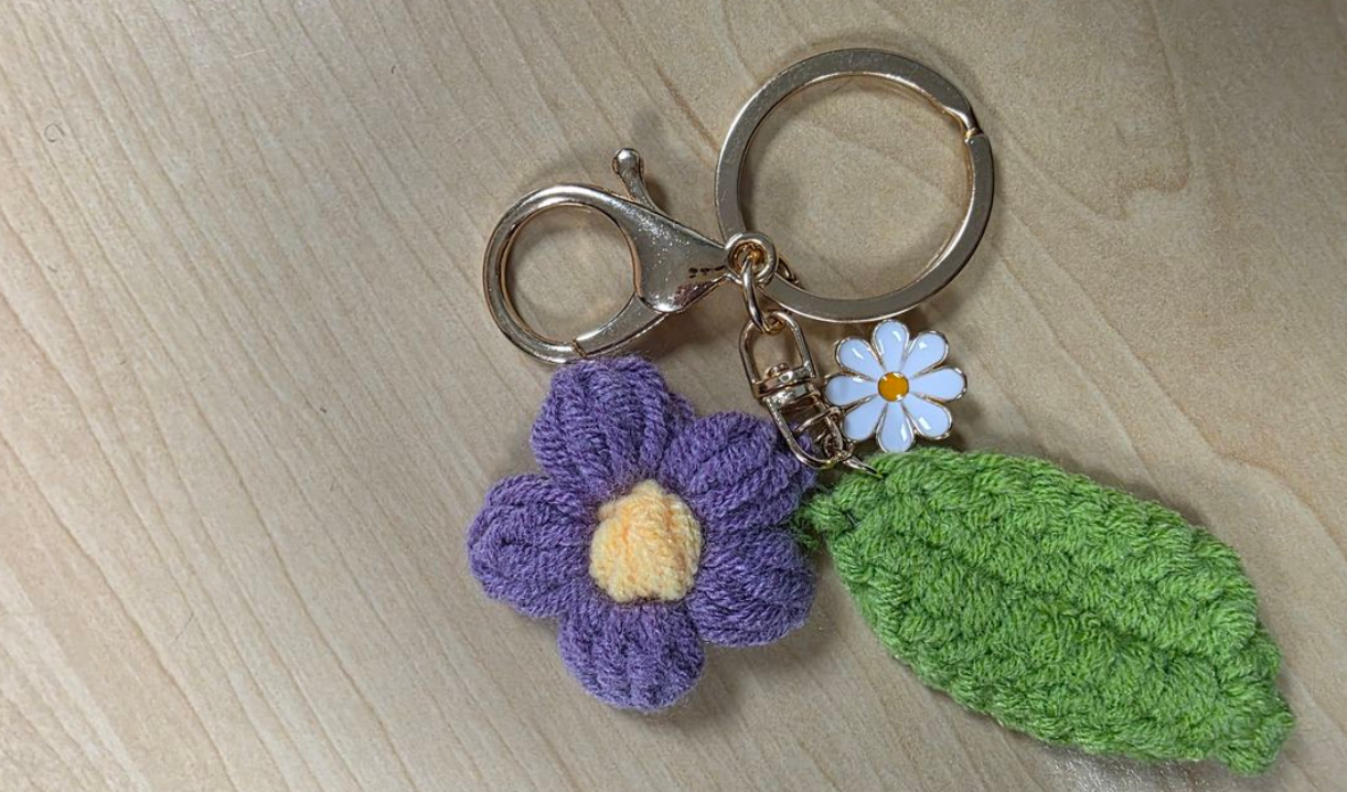 Handmade Crochet Flower Keyring - Purple, Green