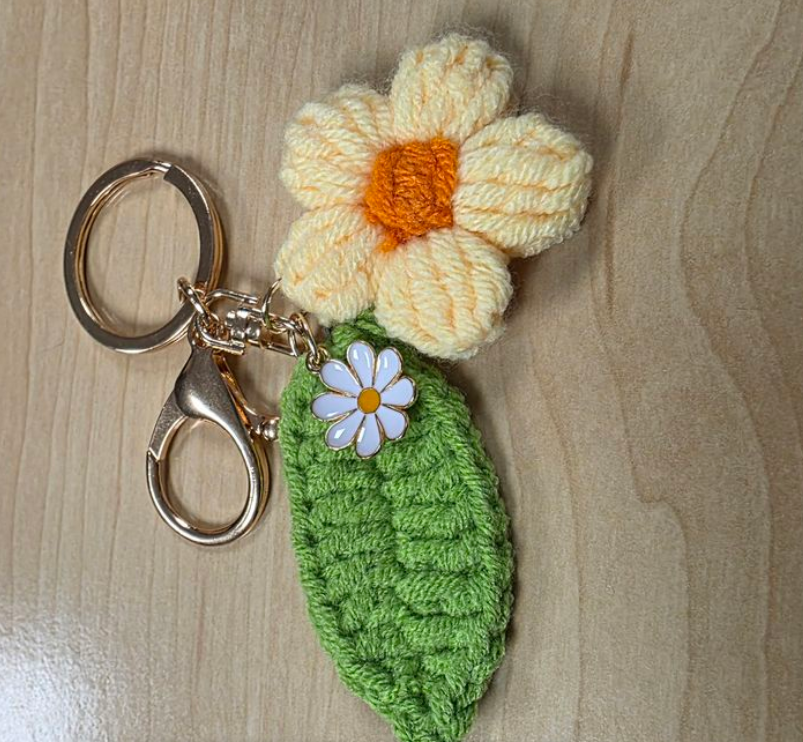 Handmade Crochet Flower Keyring - Yellow, Green
