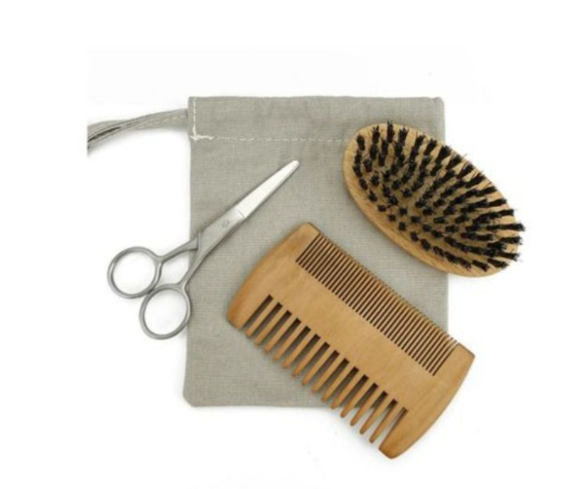 Men's 3 Piece Beard Grooming Kit- Brush, Comb, Scissors with Bag