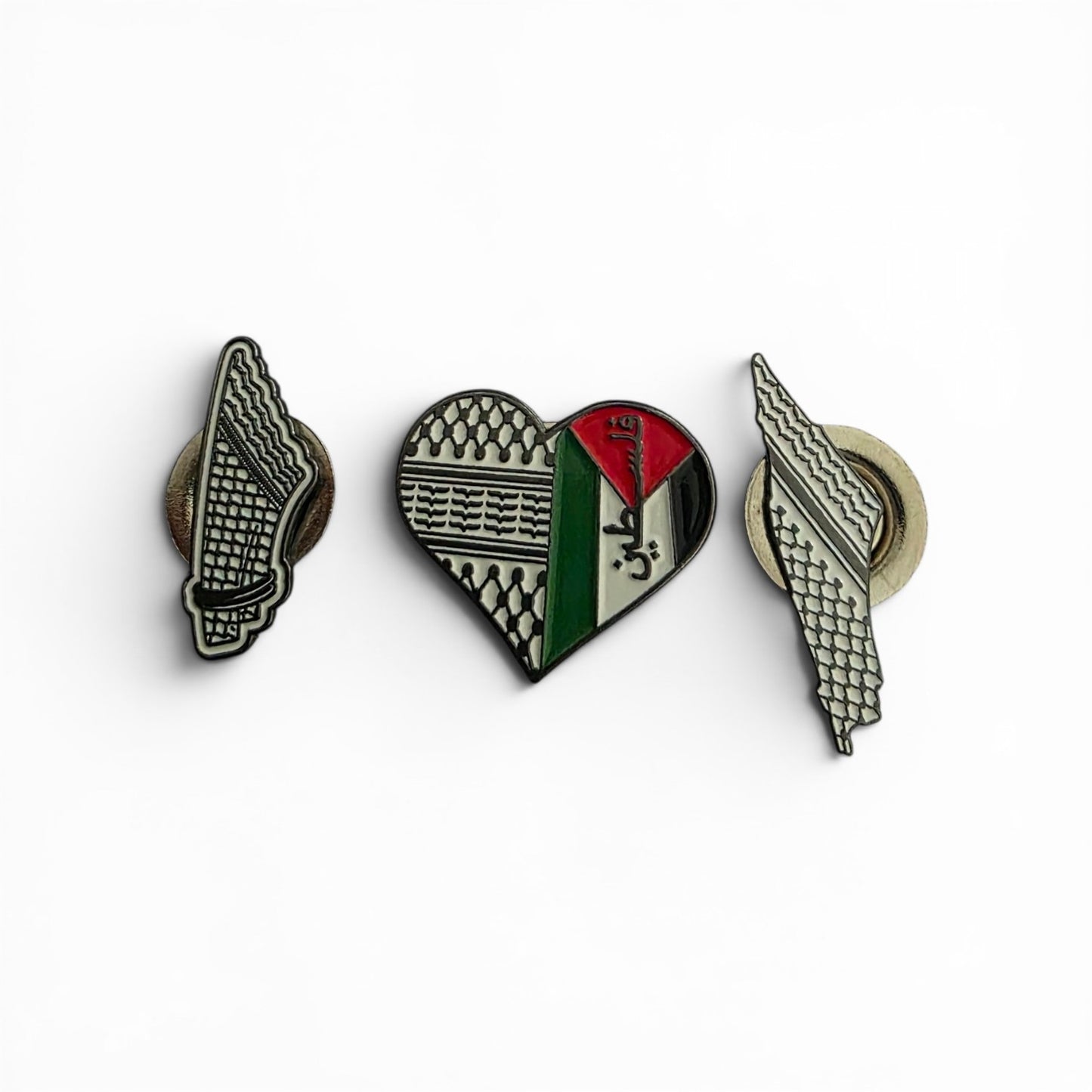 Palestine Flag Heart & Keffiyeh Map Magnetic Brooch Pin Set - 3 Piece