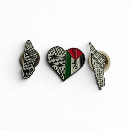 Palestine Flag Heart & Keffiyeh Map Magnetic Brooch Pin Set - 3 Piece