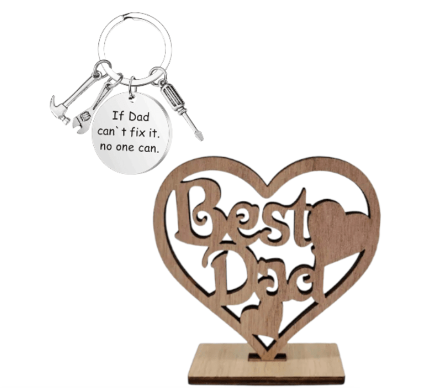 Best Dad Wooden Heart Decor Craft & Dad Slogan Detail & Tools Key Ring Set