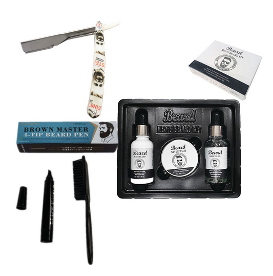 Beard Pen 4 Tip Beard Filler Pencil Kit + Barber Razor + Complete Beard Kit - Brown