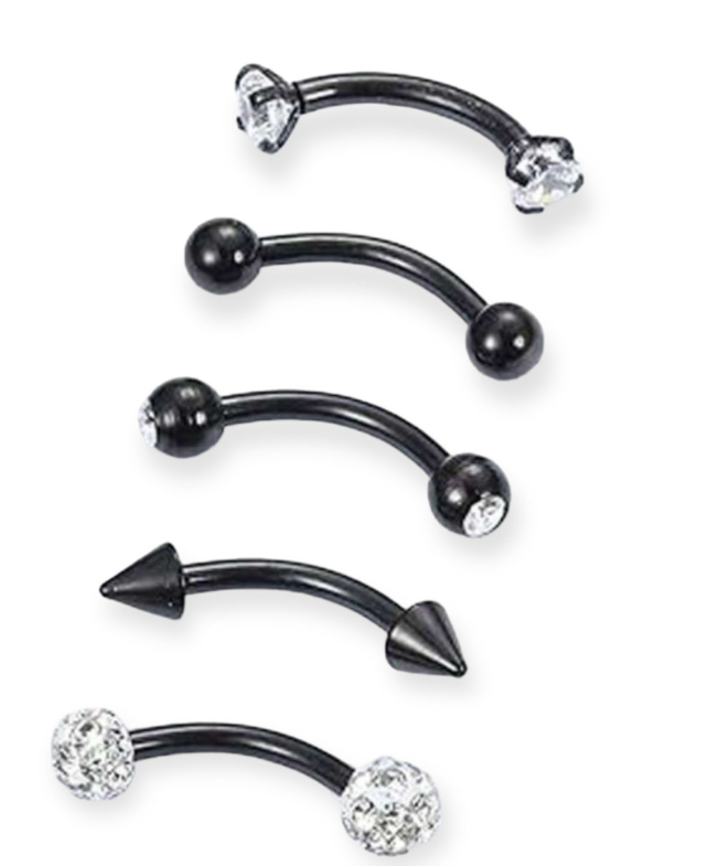 Black 5 Pieces, 16G Rook, Lip And Eyebrow Piercing Jewelry