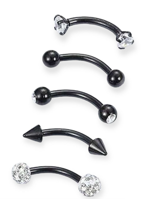 Black 5 Pieces, 16G Rook, Lip And Eyebrow Piercing Jewelry