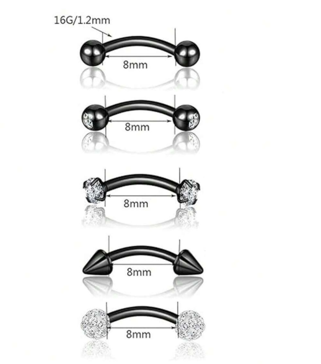 Black 5 Pieces, 16G Rook, Lip And Eyebrow Piercing Jewelry