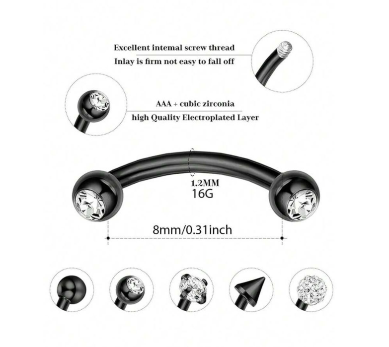 Black 5 Pieces, 16G Rook, Lip And Eyebrow Piercing Jewelry