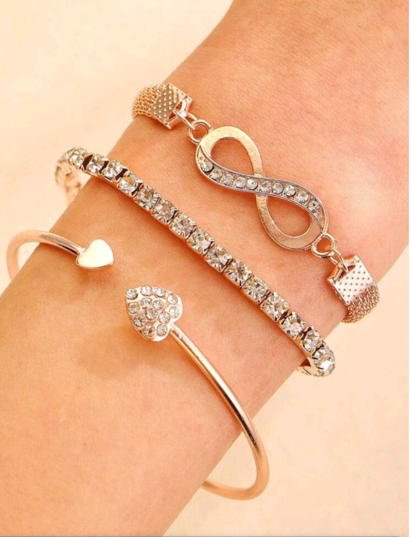 3 Pieces/Set Fashionable Simple Cz Crystal Inlaid Love & Infinity Sign Bracelet