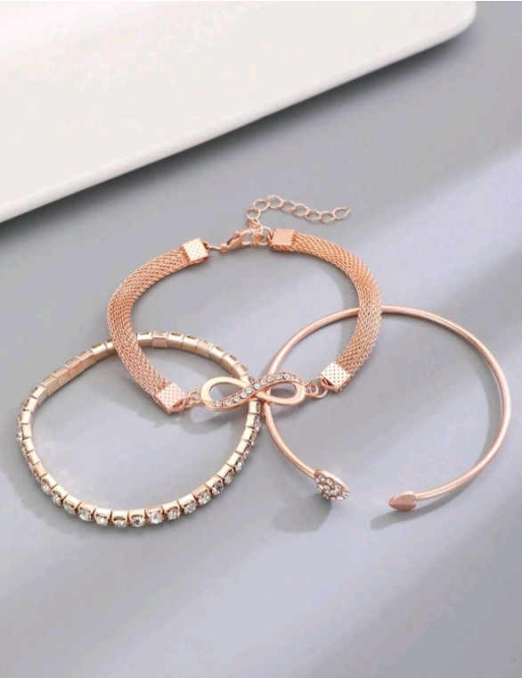 3 Pieces/Set Fashionable Simple Cz Crystal Inlaid Love & Infinity Sign Bracelet