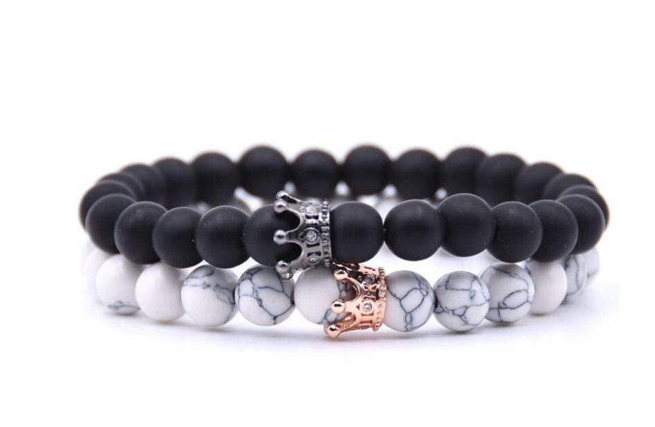 Argent Craft White Howlite Stone & Agate Stone Couples Bracelet with Crowns