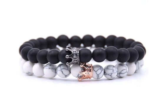 Argent Craft White Howlite Stone & Agate Stone Couples Bracelet with Crowns