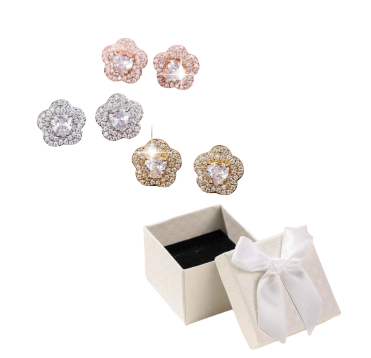 3 Pair Luxury Zirconia Flower Stud Earrings For Women In Box