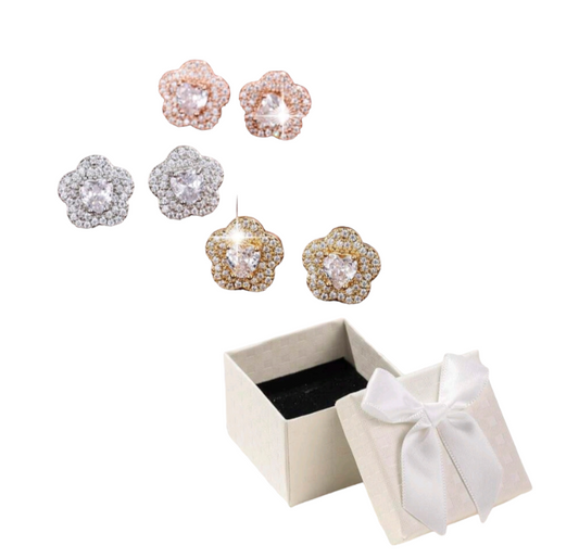 3 Pair Luxury Zirconia Flower Stud Earrings For Women In Box