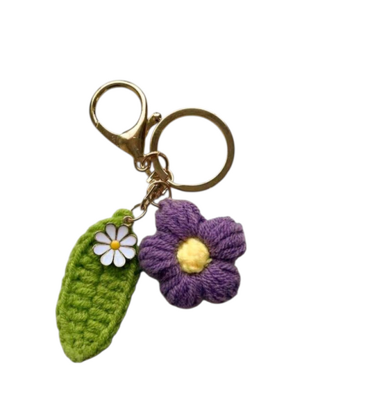 Handmade Crochet Flower Keyring - Purple, Green