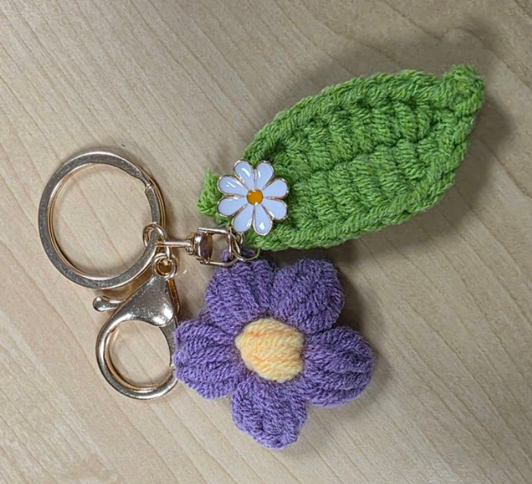 Handmade Crochet Flower Keyring - Purple, Green