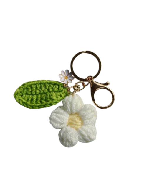Handmade Crochet Flower Keyring - White, Green