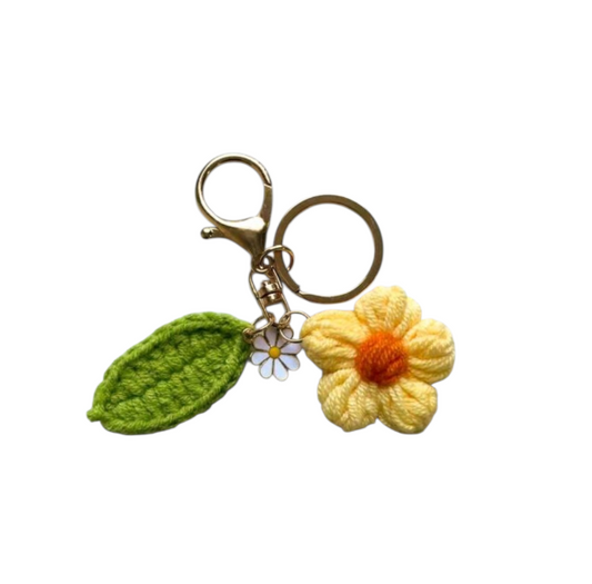 Handmade Crochet Flower Keyring - Yellow, Green