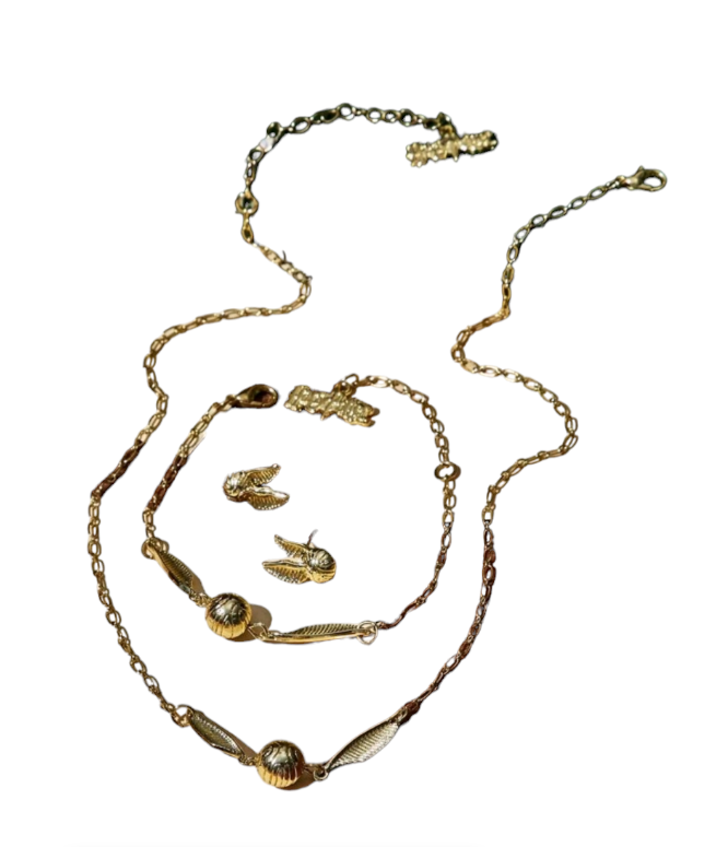 Harry Potter Golden Snitch Jewelry Set Fashion Decor Bracelet, Earrings and Necklace Gryffindor, Hufflepuff, Ravenclaw, Slytherin