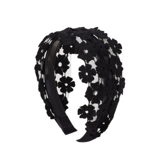 Elegant Lace Floral Embroidered Headband - Black