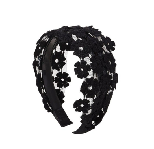 Elegant Lace Floral Embroidered Headband - Black
