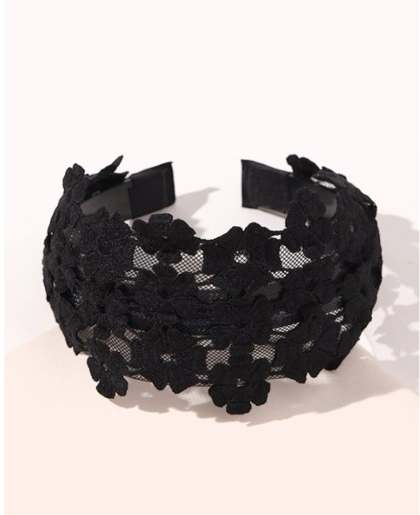 Elegant Lace Floral Embroidered Headband - Black