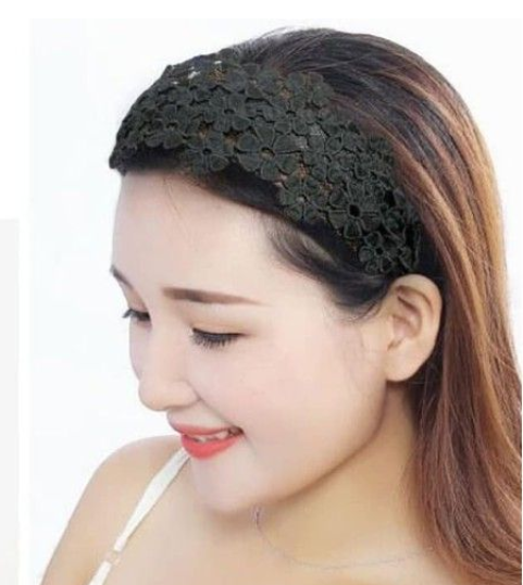 Elegant Lace Floral Embroidered Headband - Black