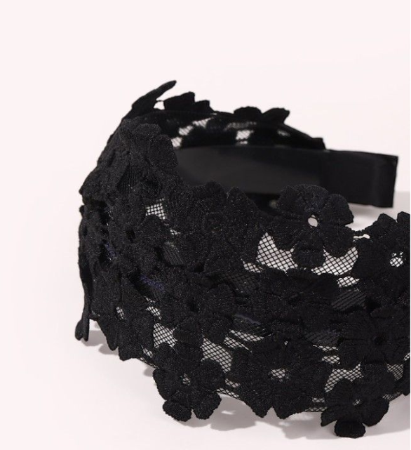 Elegant Lace Floral Embroidered Headband - Black