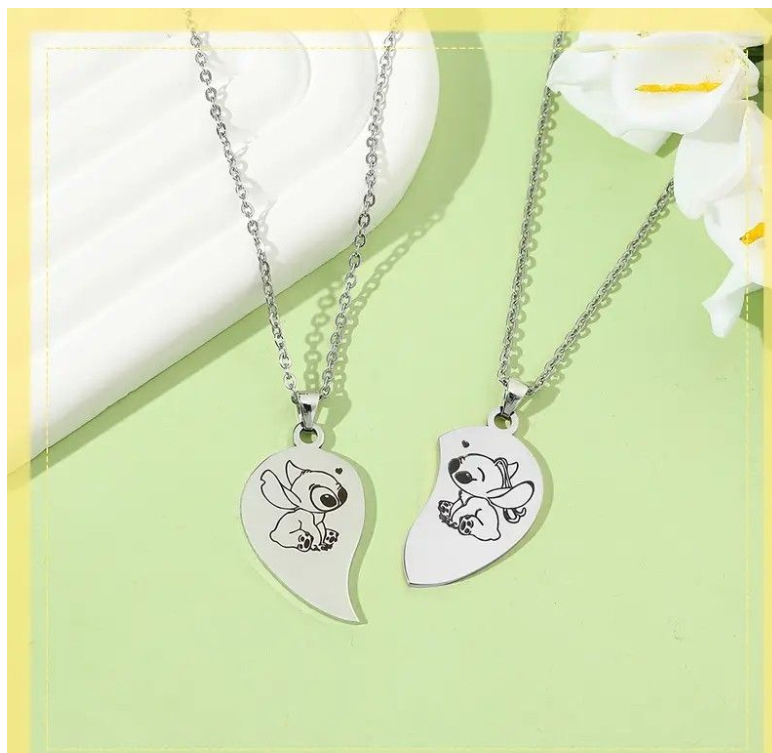 Cartoon Lilo and Stitch Love Pair Necklace Set for Couples
