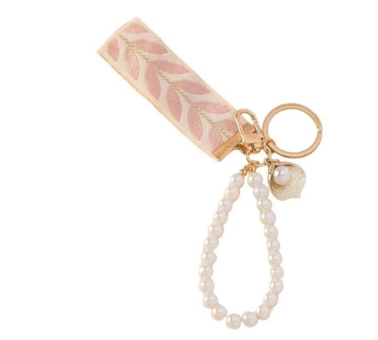 Leaf Pattern Ribbon With Pearl Charm Key Chain - Baby Pink