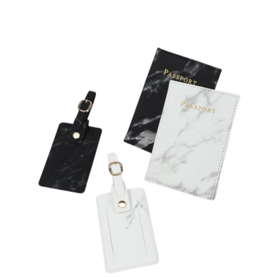2 Piece Marble Passport Cover Cases & 2pcs Luggage Bag Tag Set
