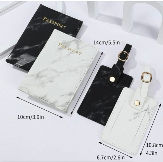 2 Piece Marble Passport Cover Cases & 2pcs Luggage Bag Tag Set