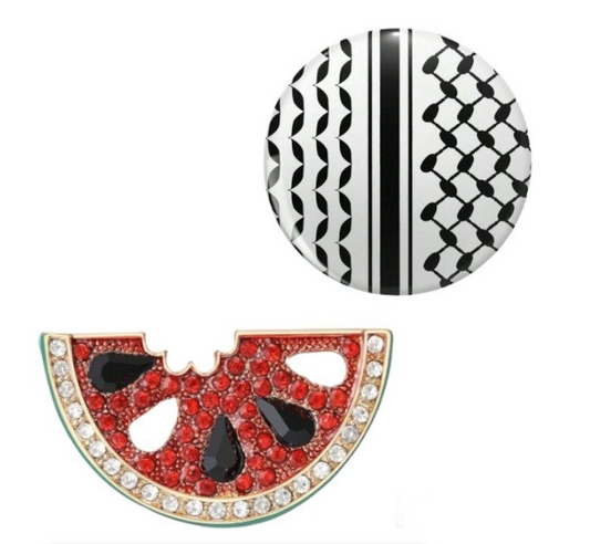 Palestinian Keffiyeh & Rhinestone Watermelon Brooch Set