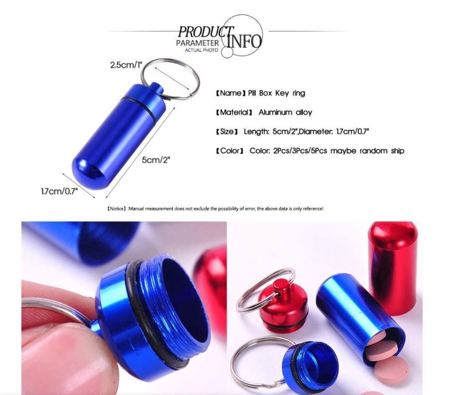 Mini Waterproof Pill Box Key Ring/Metal Keychain Sealed Medicine Storage - Silver