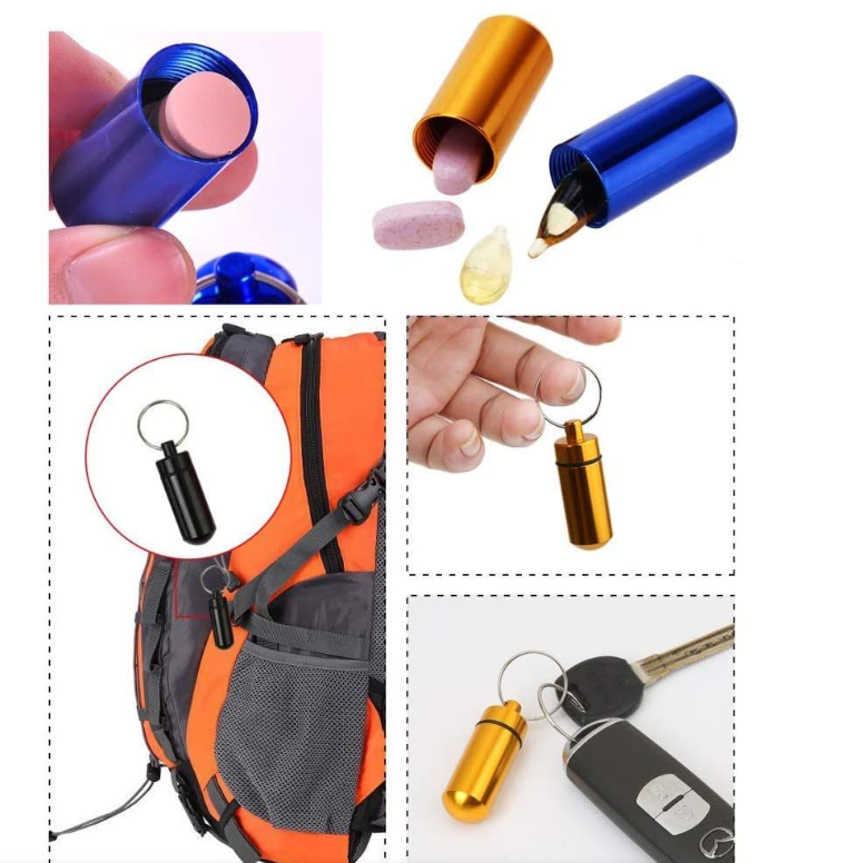 Mini Waterproof Pill Box Key Ring/Metal Keychain Sealed Medicine Storage - Silver