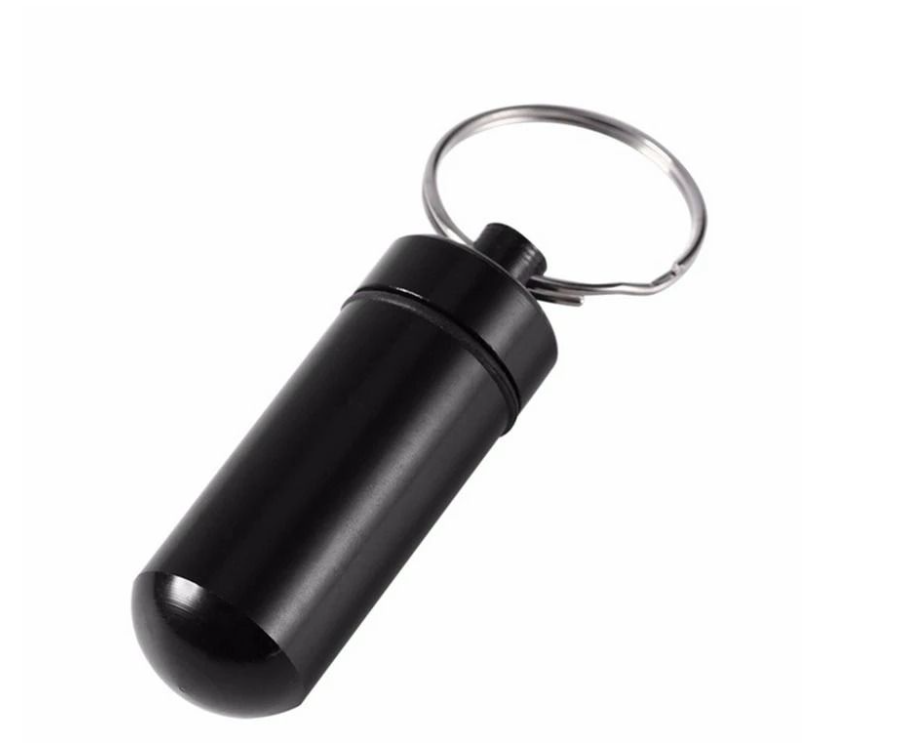 Mini Waterproof Pill Box Key Ring/Metal Keychain Sealed Medicine Storage - Black