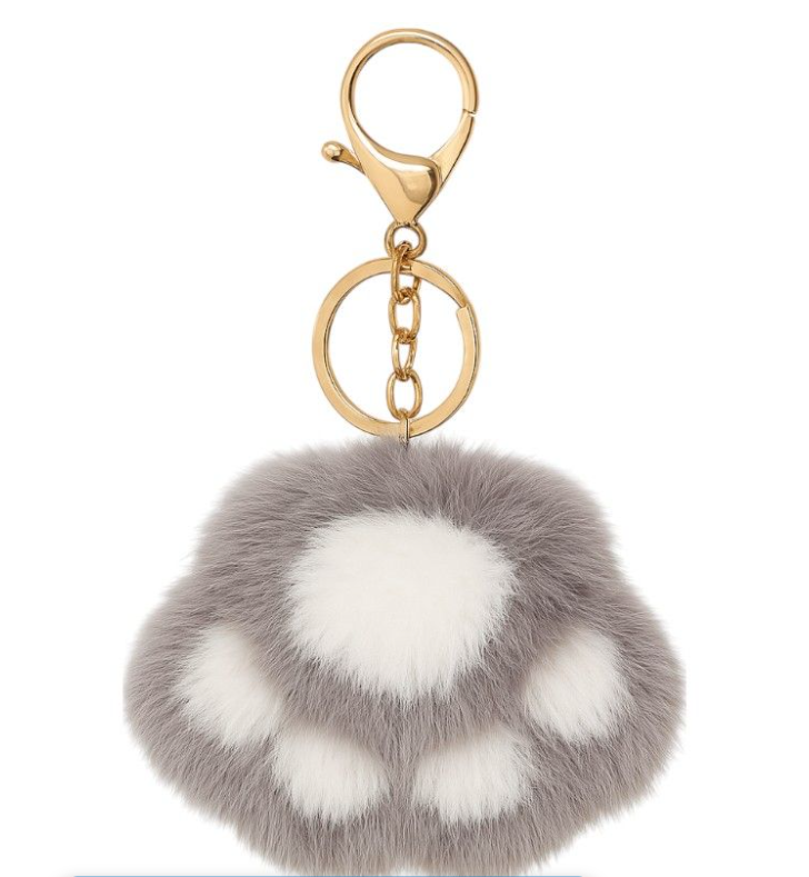 1 Piece - Plush Mink Fur Cat Paw Keychain - Grey