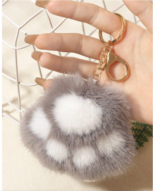 1 Piece - Plush Mink Fur Cat Paw Keychain - Grey