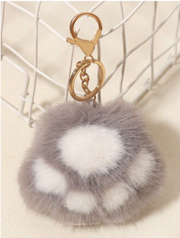 1 Piece - Plush Mink Fur Cat Paw Keychain - Grey