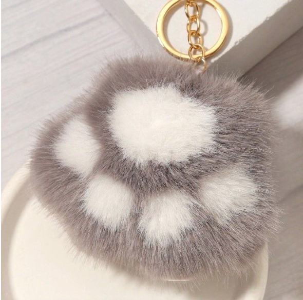 1 Piece - Plush Mink Fur Cat Paw Keychain - Grey