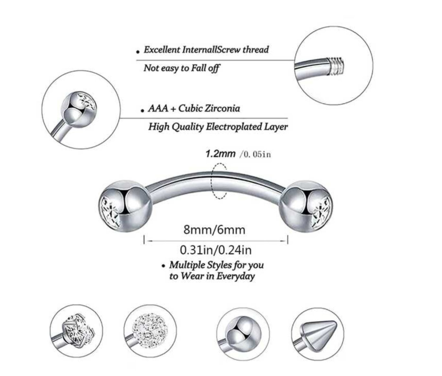 Silver 5 Pieces, 16G Rook, Lip And Eyebrow Piercing Jewelry